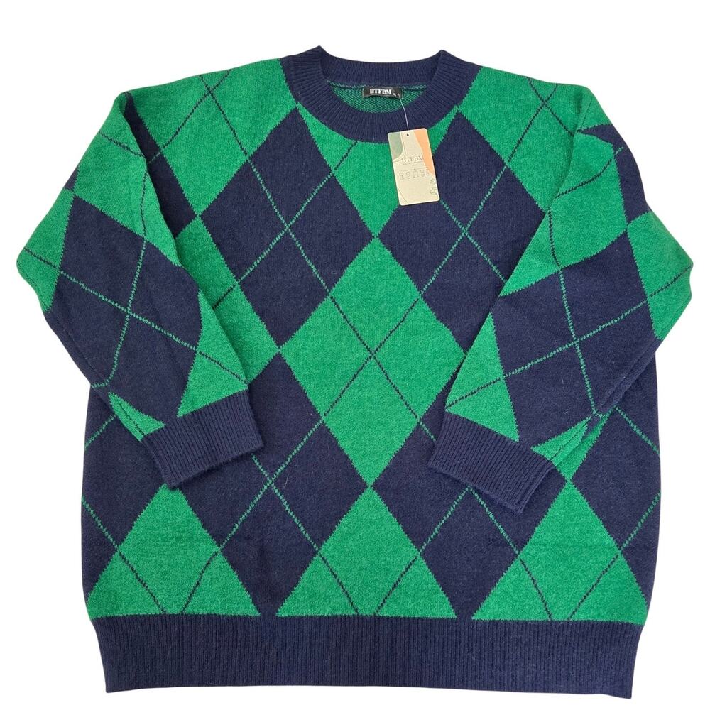 Preppy Ivy League Dark Academia Grandpacore 90s Grunge Argyle Knit Sweater XL - Picture 5 of 10